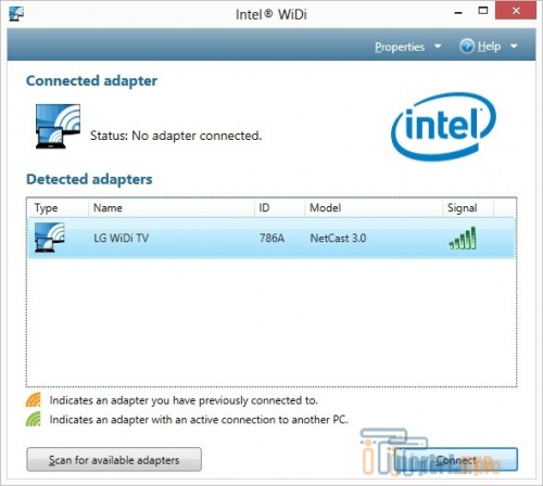 Окно программы Intel Wireless Display со списком устройств с работающим адаптером